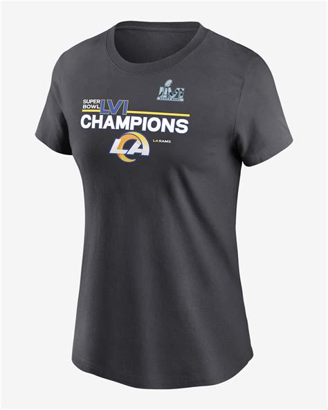 Nike Womens Los Angeles Rams Super Bowl LVI Champions Trophy Collection T-Shirt logo